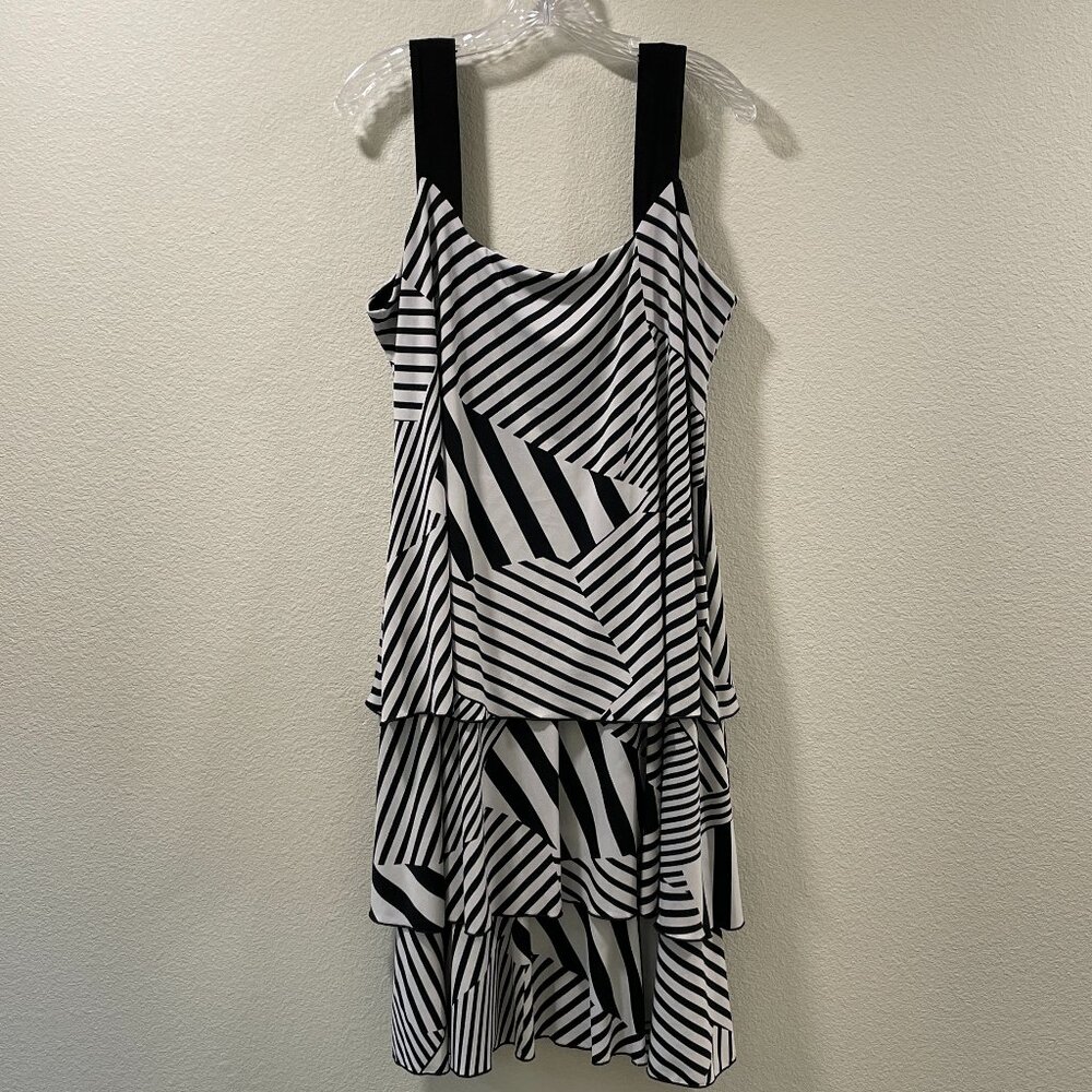 LAVENA Sleeveless Knit Dress Layered Tiers Alternating Stripes Black/White L